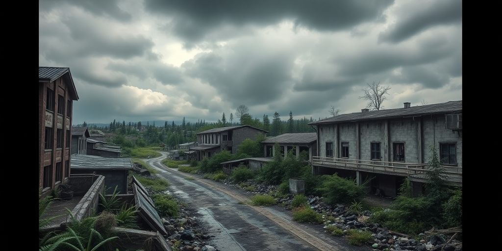 Abandoned town with toxic waste and dark, cloudy sky.