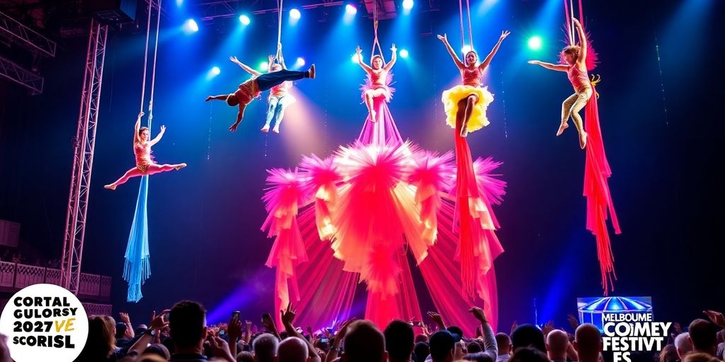 Circus Oz acrobats performing in colorful costumes at night.