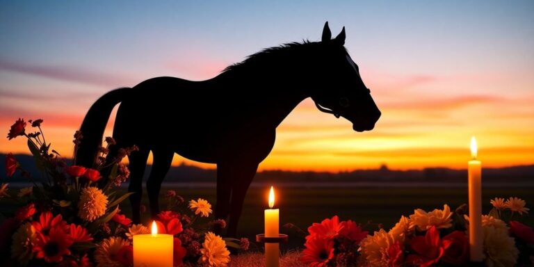 Tribute scene with horse silhouette and flowers.