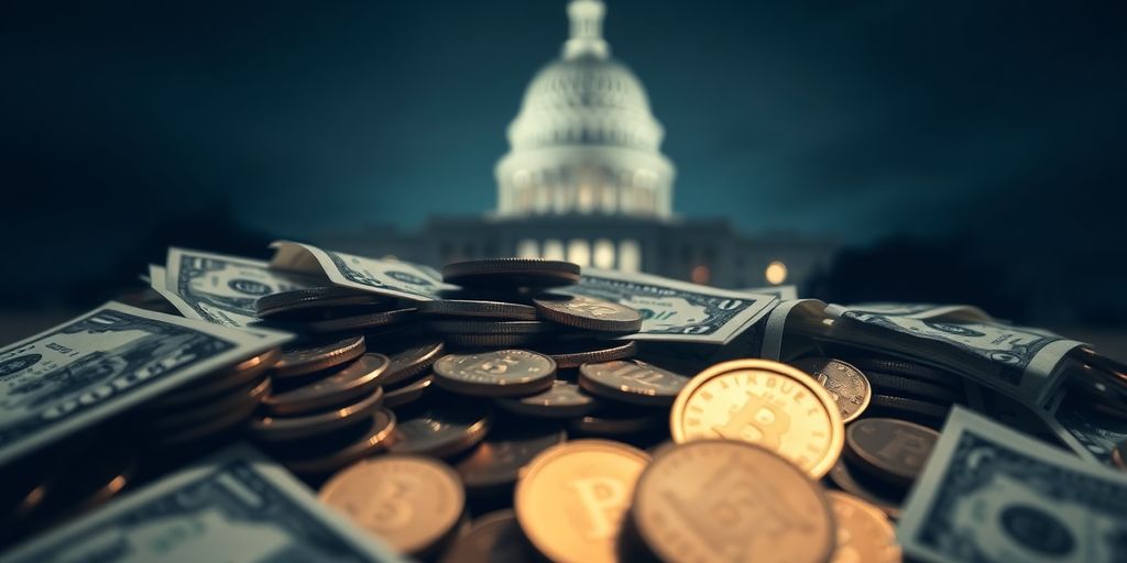 Close-up of dollar bills and coins on a table.