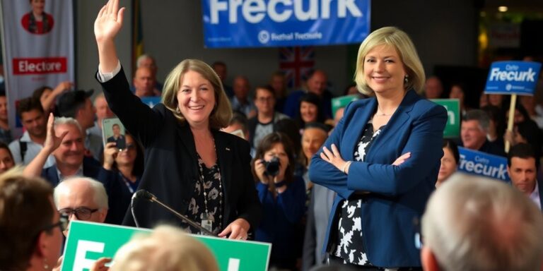 Simone McGurk and Kate Hulett in a bustling election scene.