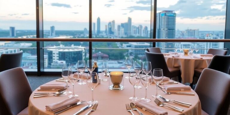 Elegant dining setup at Aloria restaurant in Brisbane.