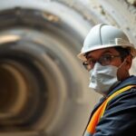 Construction worker in protective gear in a dusty tunnel.