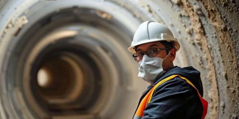 Construction worker in protective gear in a dusty tunnel.