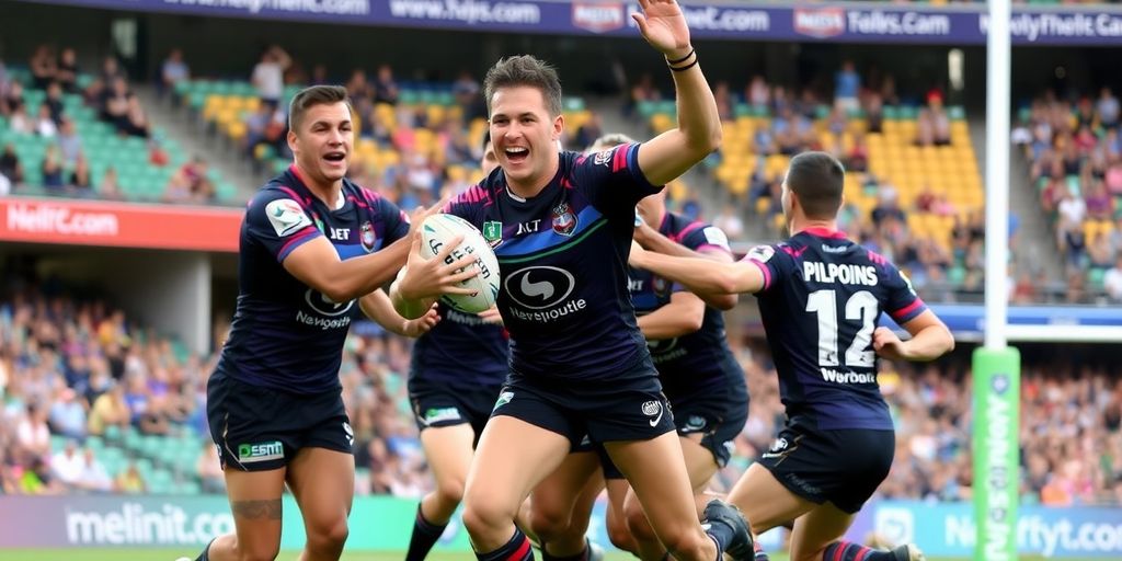 Kalyn Ponga celebrates a try with teammates during the match.