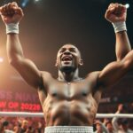 Victorious boxer celebrating in the ring with fans.