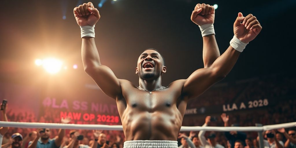 Victorious boxer celebrating in the ring with fans.