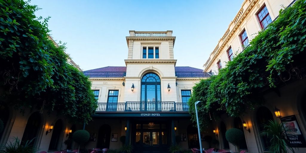 Historic Sydney hotel exterior with lush greenery and seating.