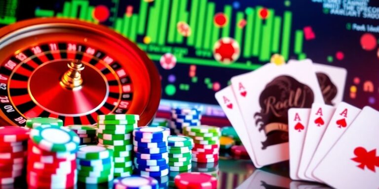 Colorful poker chips and playing cards on a digital background.