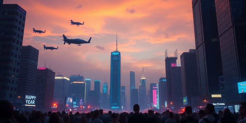 Futuristic city skyline with flying vehicles and vibrant lights.