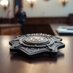 Police badge on table in courtroom, reflecting tension.