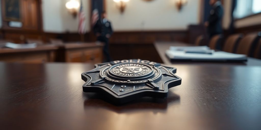 Police badge on table in courtroom, reflecting tension.