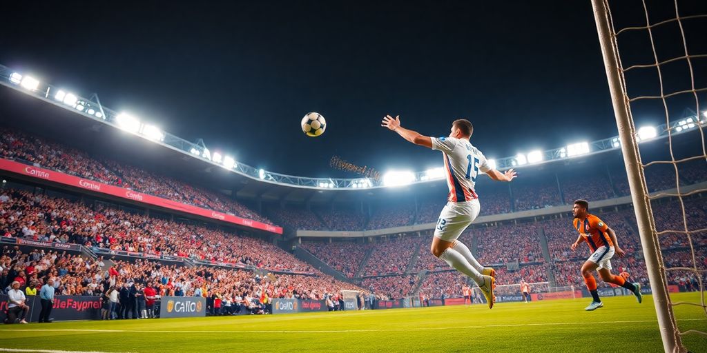 Soccer player shooting during thrilling match with fans cheering.