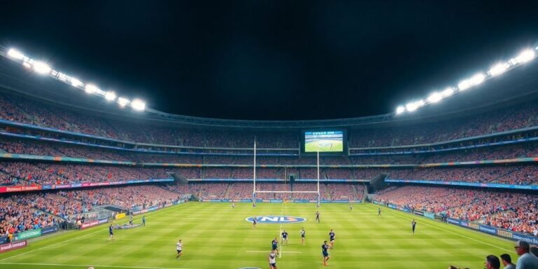 Crowd cheering at NRL match under stadium lights.