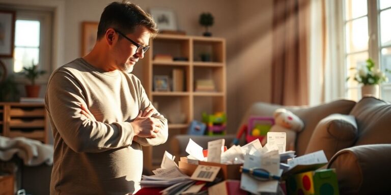 Parent contemplating bills and toys in a cozy room.