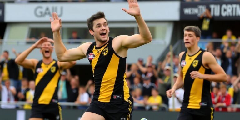 Sam Lalor celebrates a goal in Richmond's comeback victory.