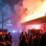 Nightclub fire scene with emergency responders and smoke.