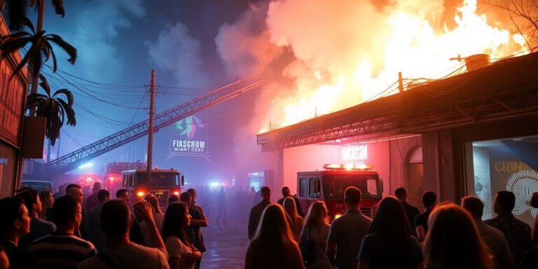 Nightclub fire scene with emergency responders and smoke.