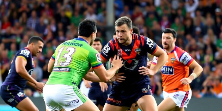 Players from Storm and Panthers clash on the field.