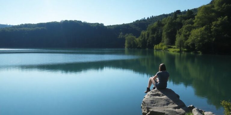 Person reflecting by a tranquil lake in nature.