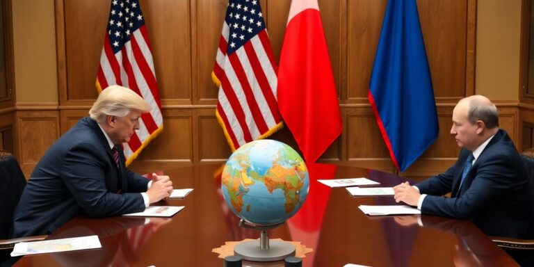 Trump and Putin meeting with flags in the background.