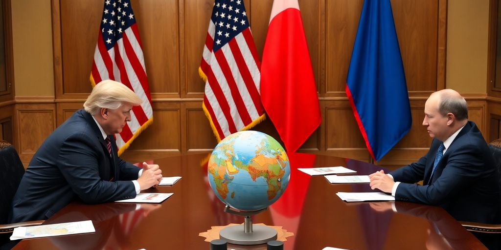 Trump and Putin meeting with flags in the background.