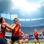 Hawks players celebrating during intense AFL match against Bombers.