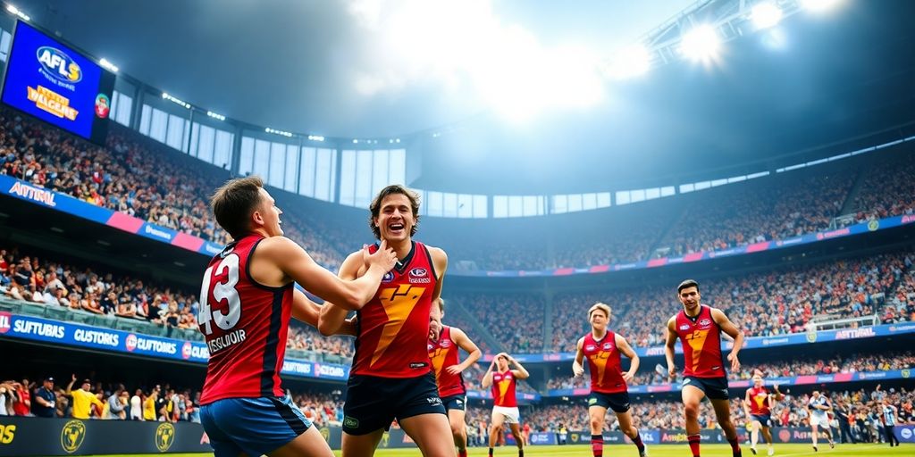 Hawks players celebrating during intense AFL match against Bombers.