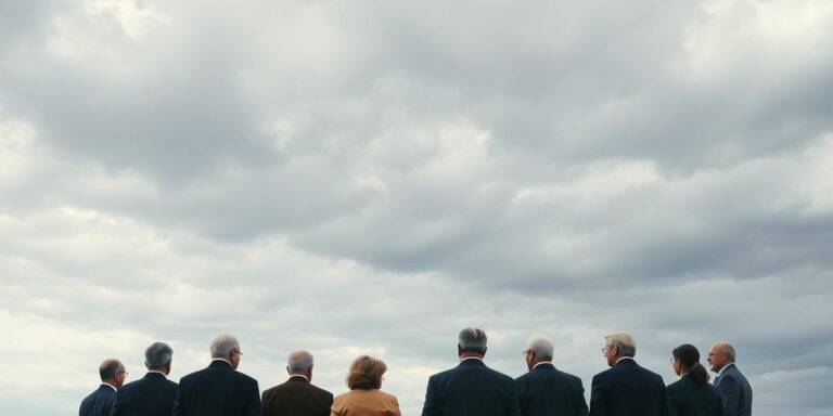 Diverse political leaders facing a cloudy horizon together.