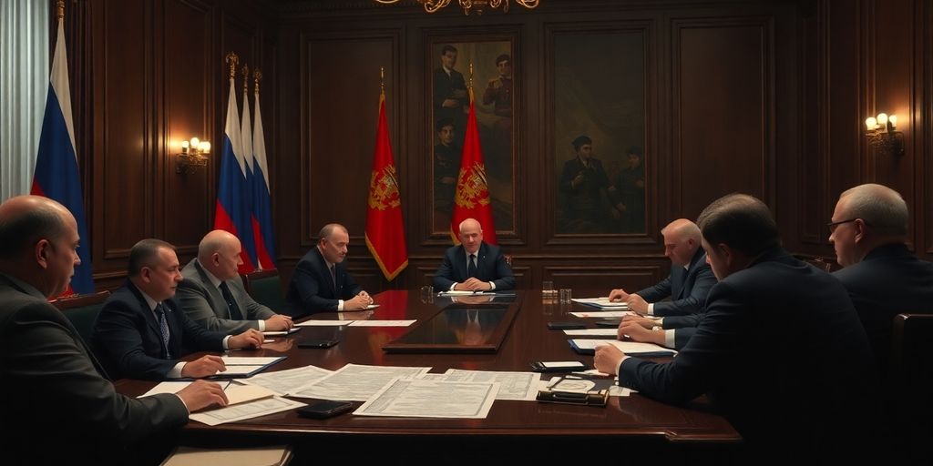 Kremlin officials discussing military strategy in a serious setting.