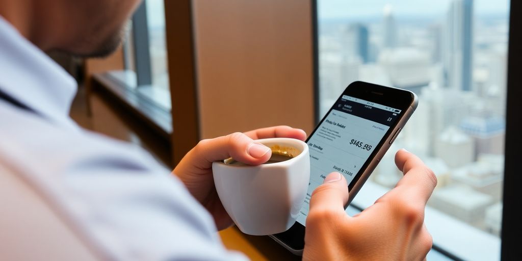 Person with coffee looking at financial news on smartphone.