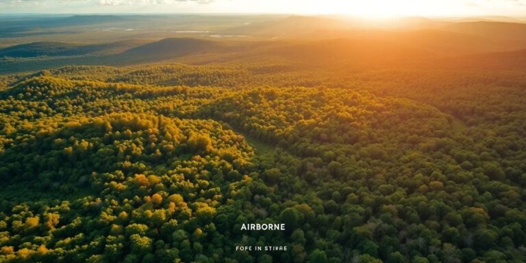 Aerial view of lush forests and diverse wildlife.