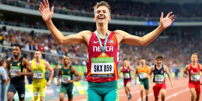 Lachlan Kennedy celebrates winning silver in 60m final.