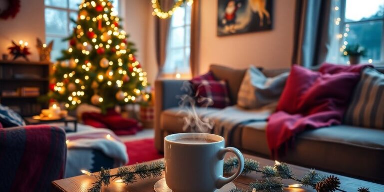 Cozy Christmas living room with tree and hot cocoa.