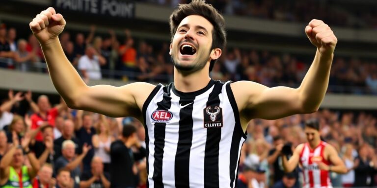 Nick Daicos celebrating in Collingwood jersey during match.