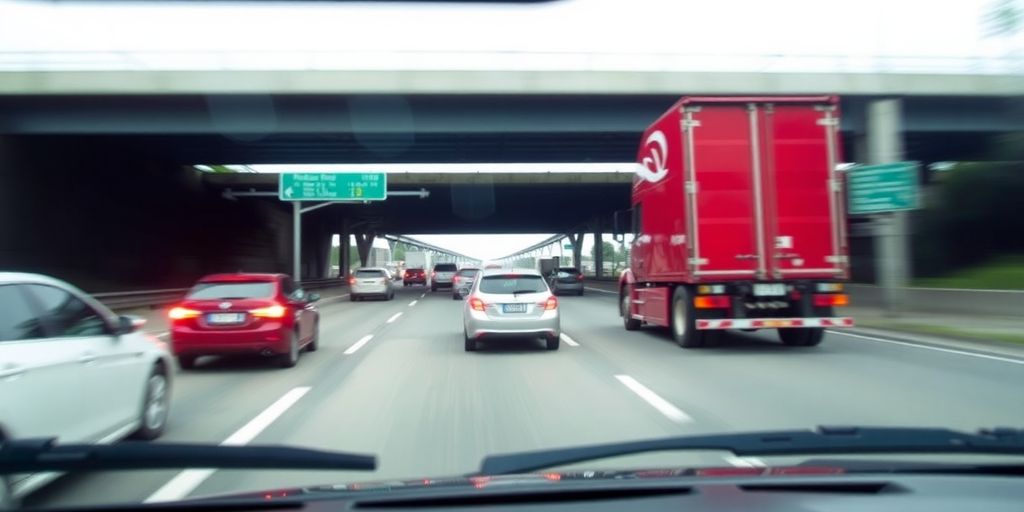 Truck and car nearly collide on busy highway.