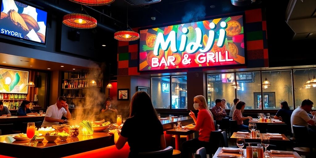 Colorful dishes and lively ambiance at Miji Bar and Grill.