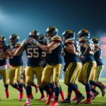 Hawks players celebrate victory over Bombers on the field.