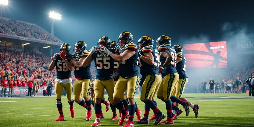 Hawks players celebrate victory over Bombers on the field.