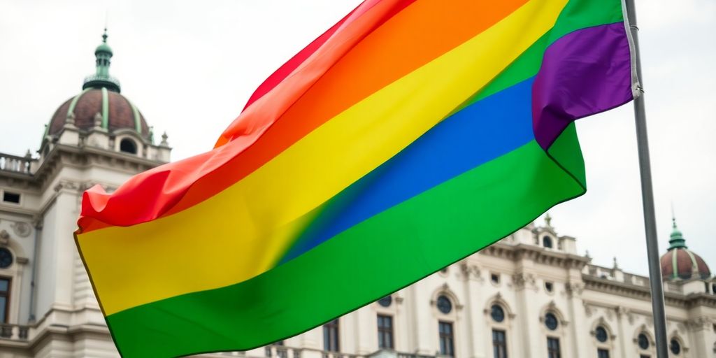 Pride flag against a historic Hungarian building.